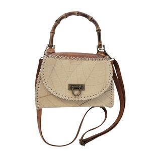 HANDMADE New Fossilized Cacao Leaves Bamboo Cream Brown  Crossbody Bag Leather